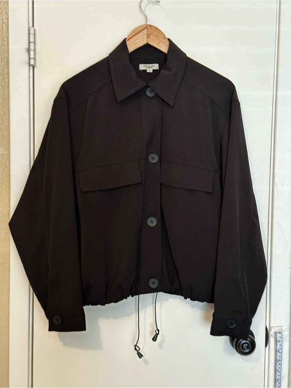 Max Studio London Womens  Black Utility Shirt Jacket Button Front Drawstring Ham